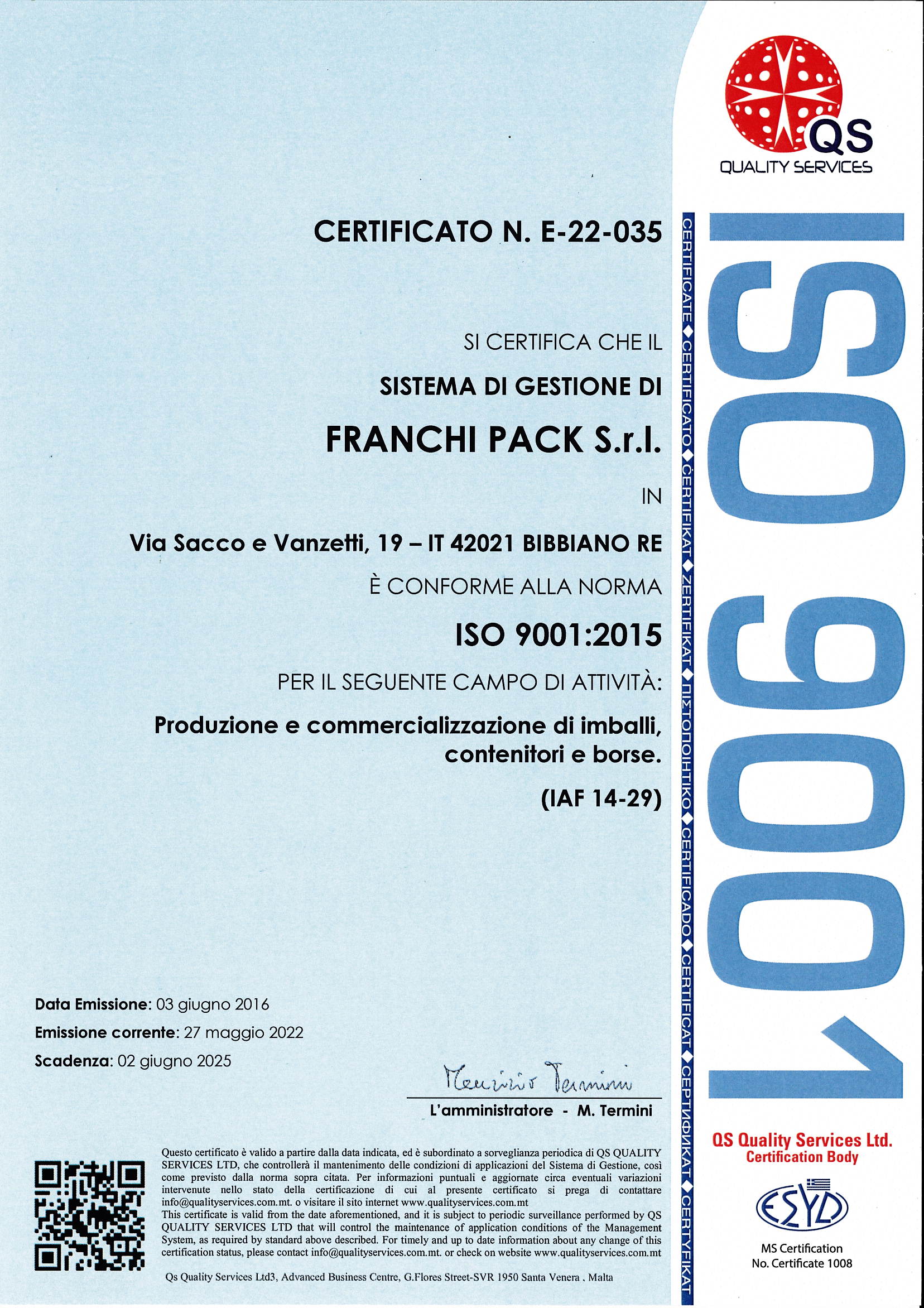 CERTIFICATO QS – FRANCHI PACK 9001